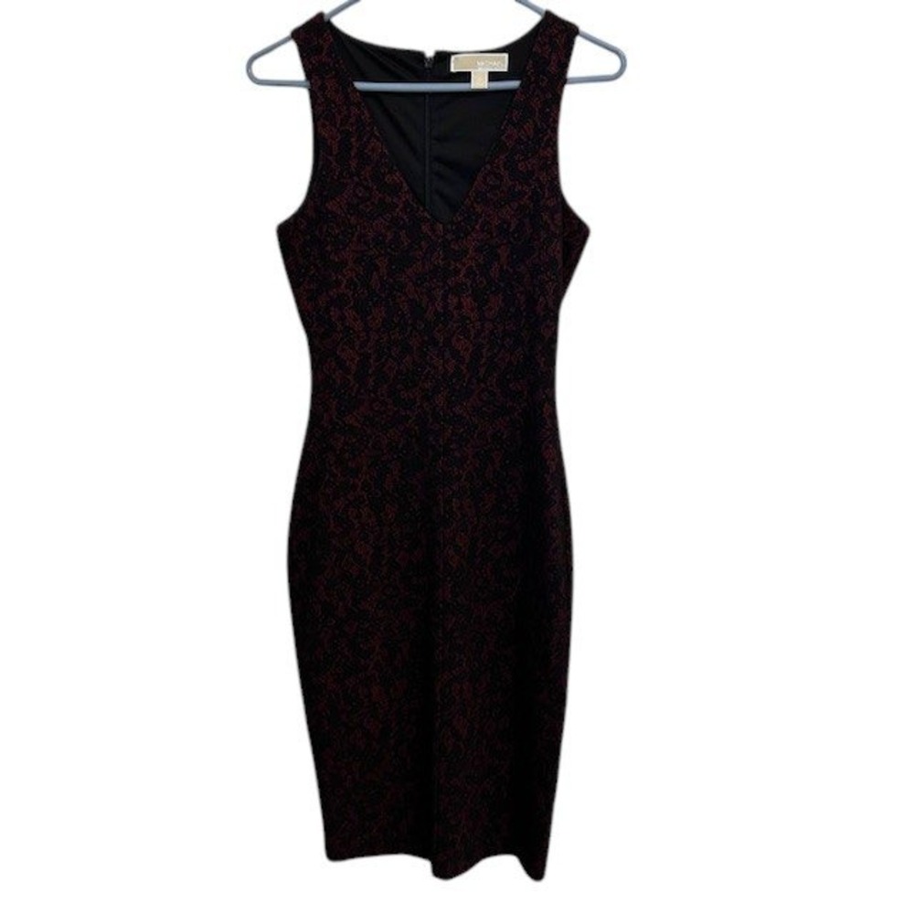 Michael Kors Bodycon Dress Sleeveless V-Neck Burgundy Black Pattern Lace Size 2 - Picture 3 of 16